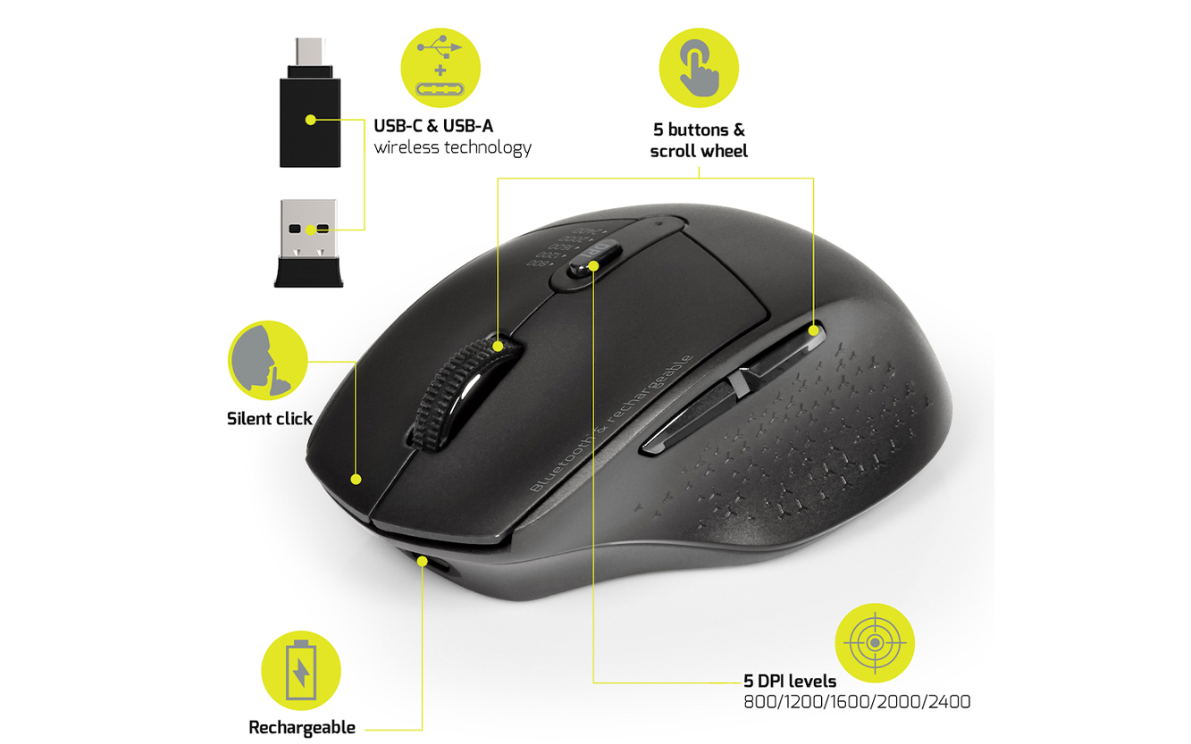 Souris sans fil 2.4 GHz avec USB/USB-C Deux récepteurs pour ordinateur  portable/bureau/PC, souris rechargeable silencieuse compatible avec iPad,  MacBook Air/Pro, Mac, Windows, ordinateurs (argent) : :  Informatique