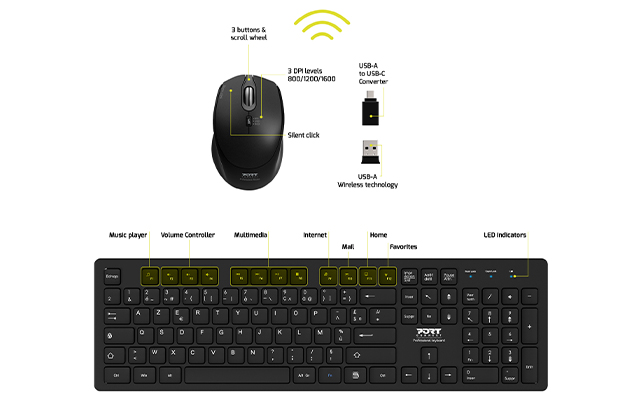 Paquete inalámbrico de 2,4 GHz: teclado y mouse silenciosos Azerty